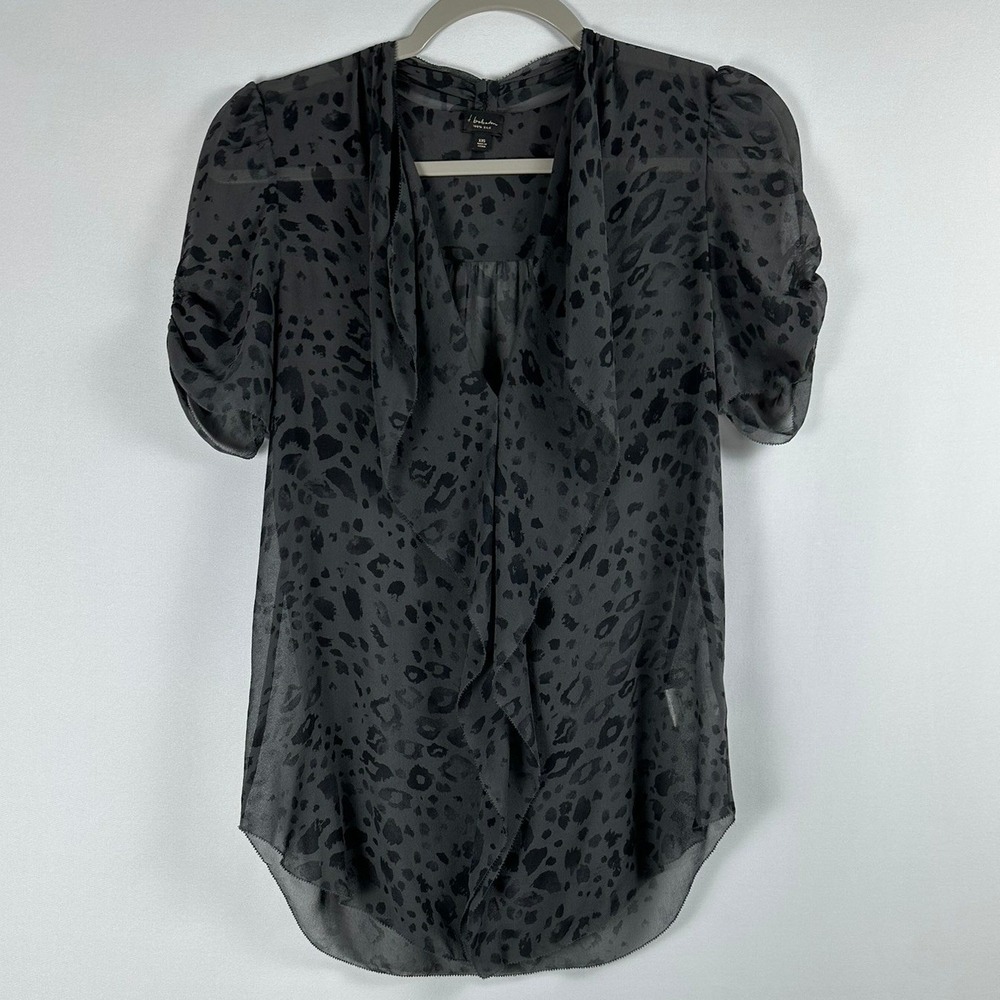 Aritzia T. Babaton 100% Silk Grey Leopard Print Sheer Ruffle Top XXS Office Chic